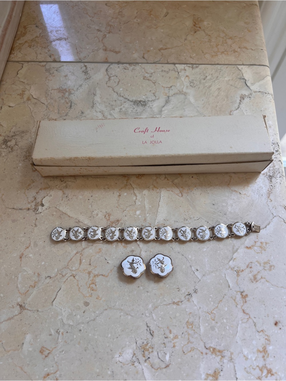 Vintage Craft House of La Jolla White Enamel Bracelet & Clip Earrings